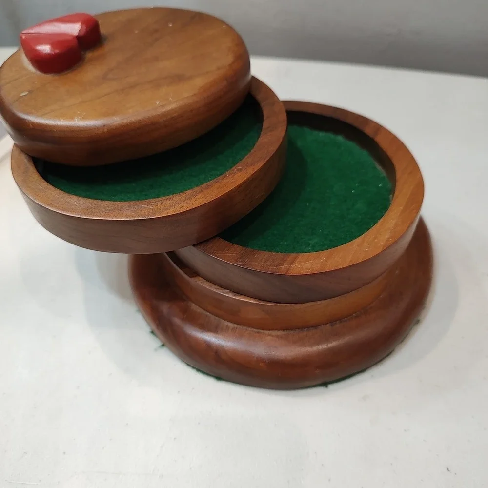 Vtg 3 Tier Round Wooden Swivel Jewelry Box With Lined Drawers Heart Country Core